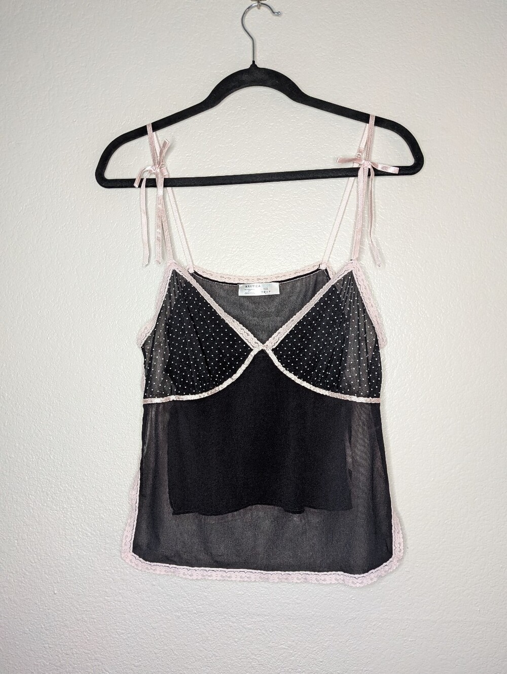 Nautica Blue Sheer Black Lace Trim Polka Dot Sexy Romantic Open Side Camisole S